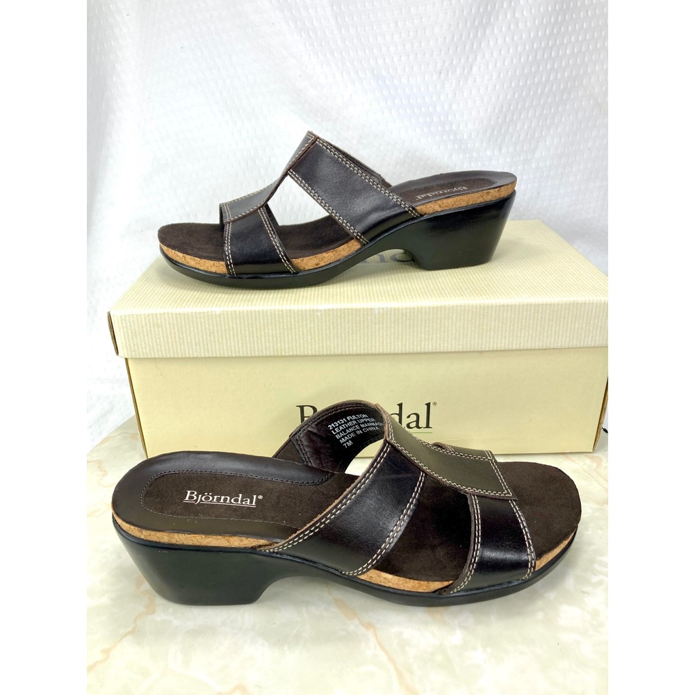 Bjorndal Fulton Leather Slide Wedge Sandals Womens Sz 7 Brown Comfort Summer NWT